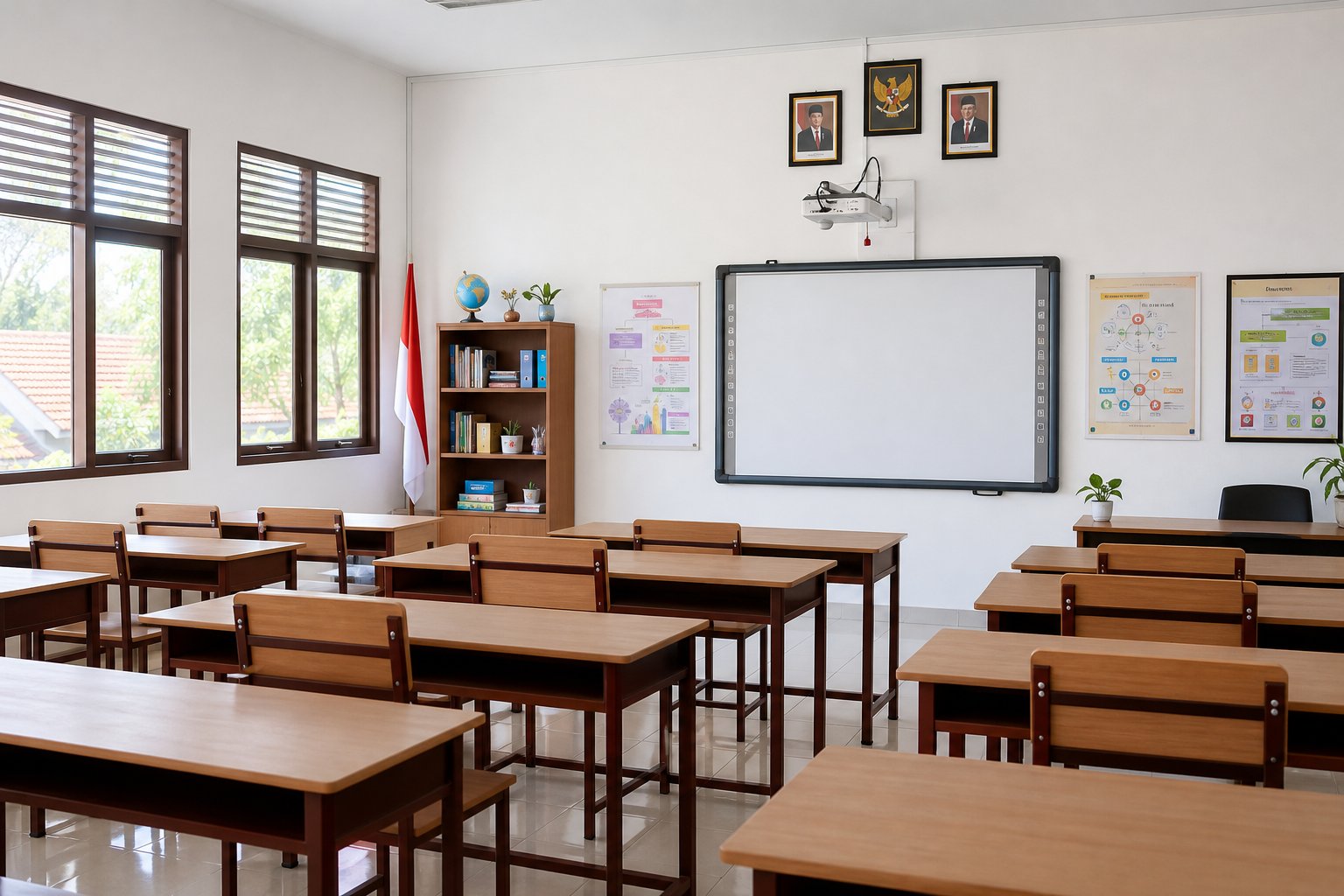 Ruang kelas terang dengan papan interaktif